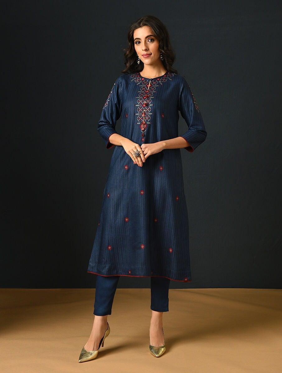 women indigo blue viscose embroidered round neck straight fit kurta