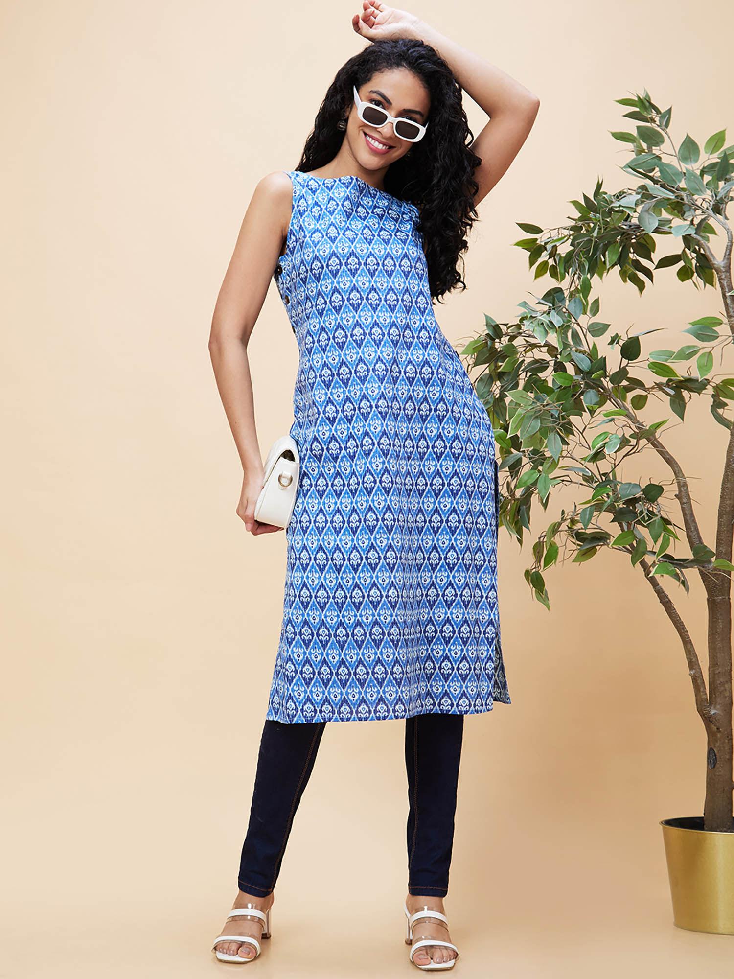 women indigo boat neck button detailing sleeveless fusion straight kurta