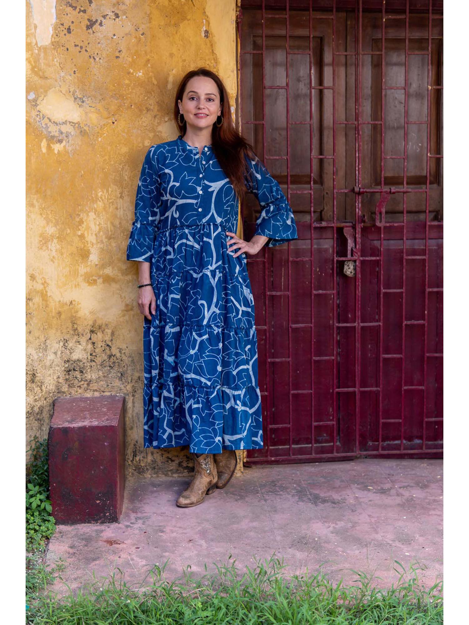 women indigo canvas - hand block printed maxi dress