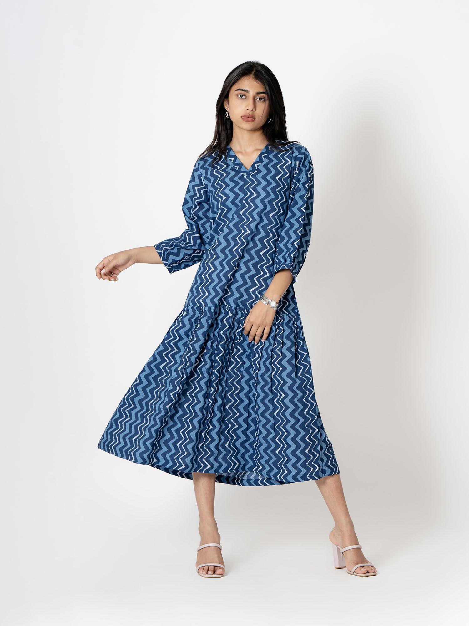 women indigo hand print cotton dress