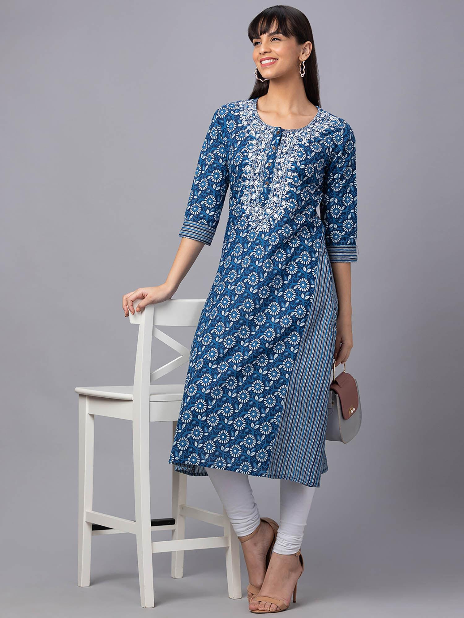 women indigo round neck printed aline kurta with three fourth sleeves