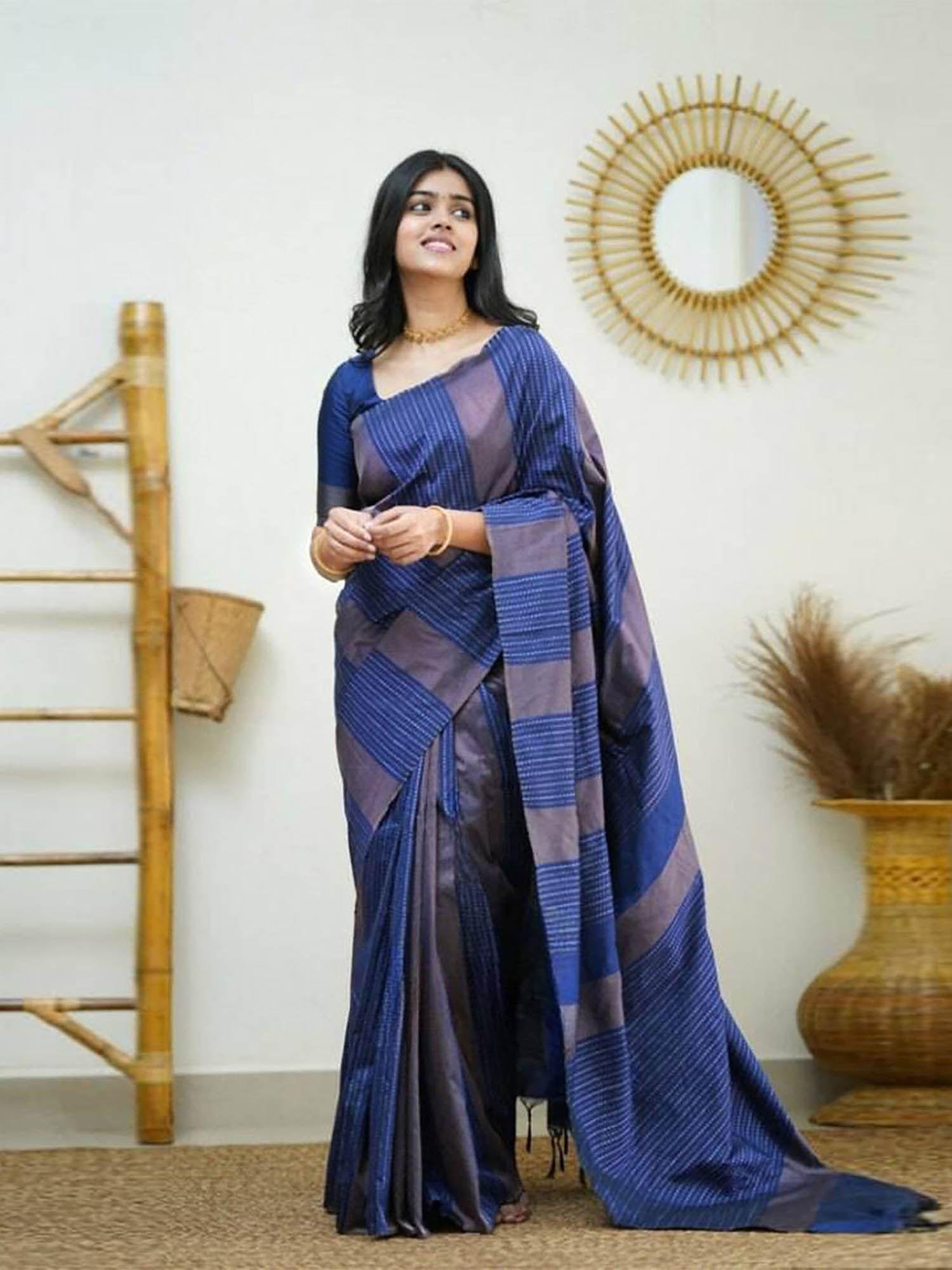 women indigo silk woven saree with unstitched blouse