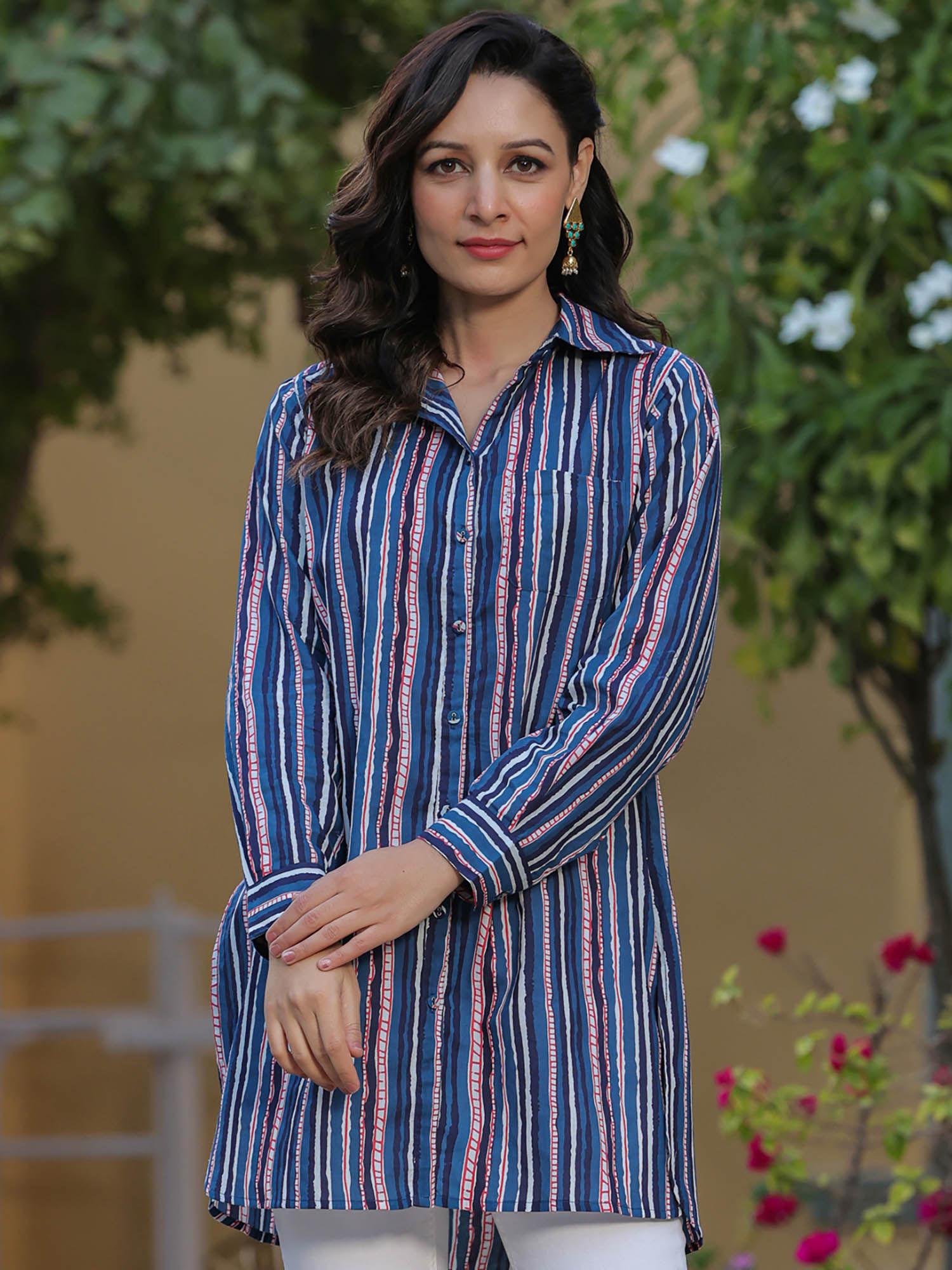 women indigo striped pure cotton shirt tunic