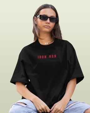 women iron man print loose fit crew-neck t-shirt