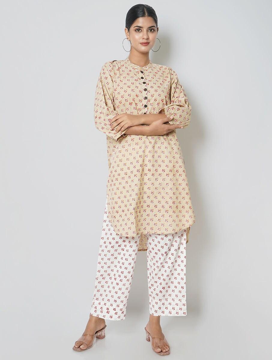 women ivory cotton floral round neck loose fit tunics