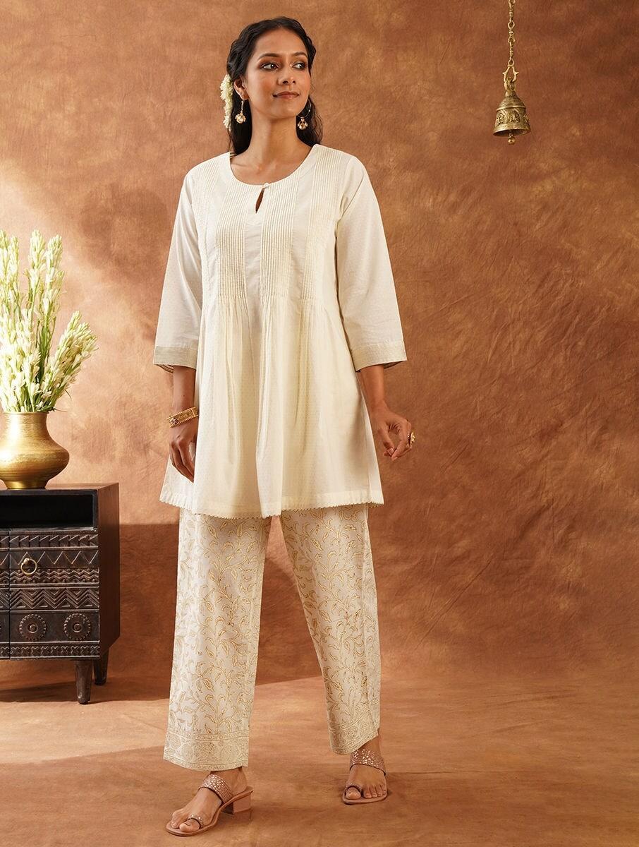women ivory cotton printed round neck loose fit tunics