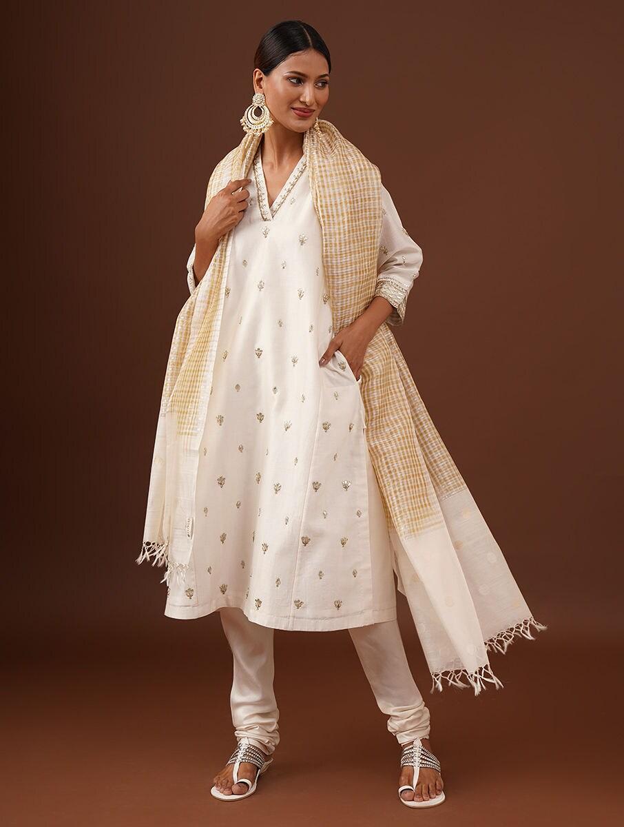 women ivory cotton silk embroidered v neck loose fit kurta