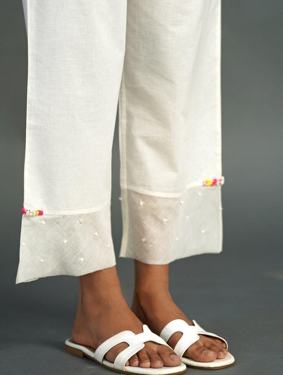 women ivory cotton solid ankle length straight fit pants