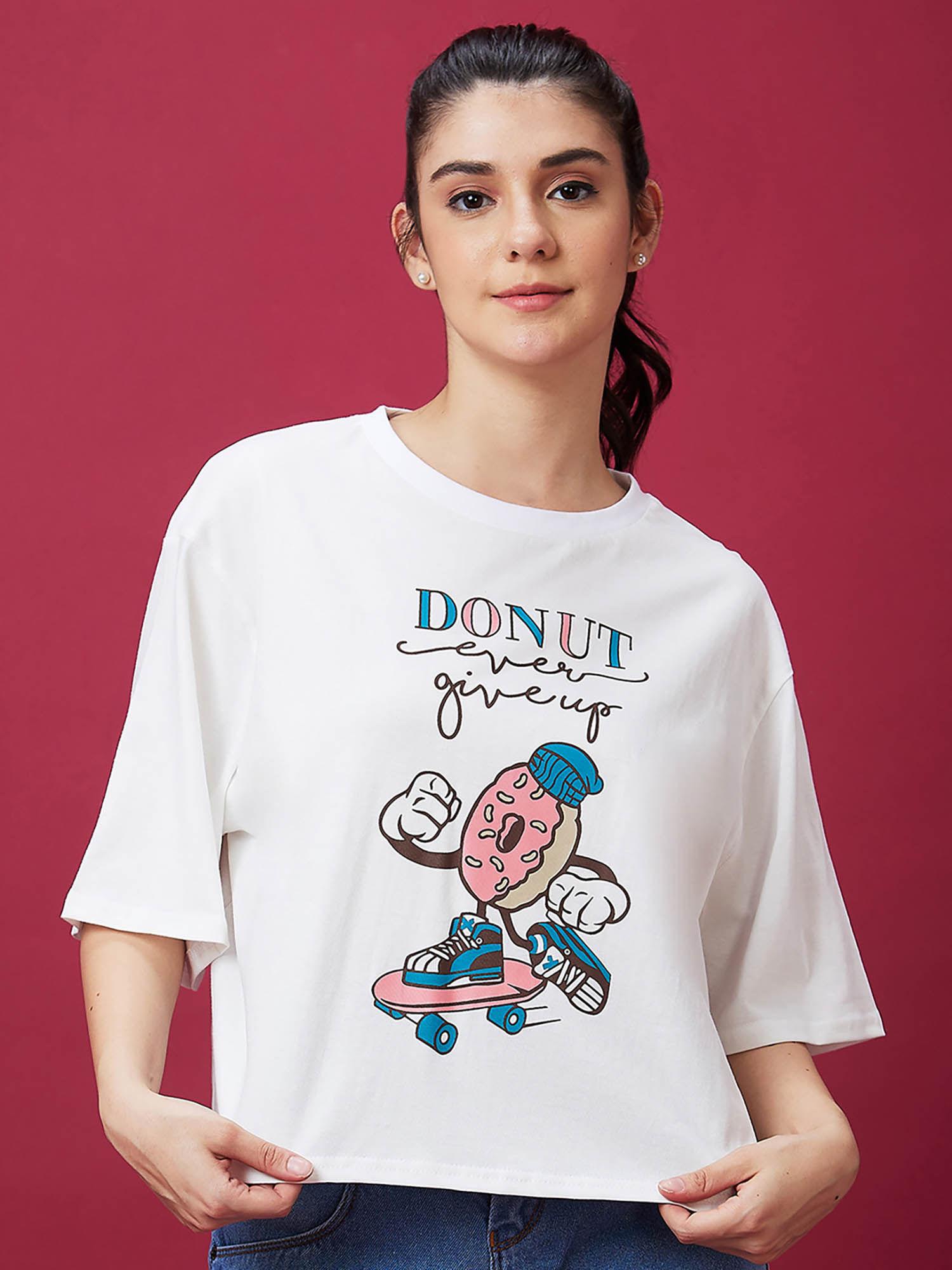 women ivory drop shoulder graphic boxy casual t-shirt