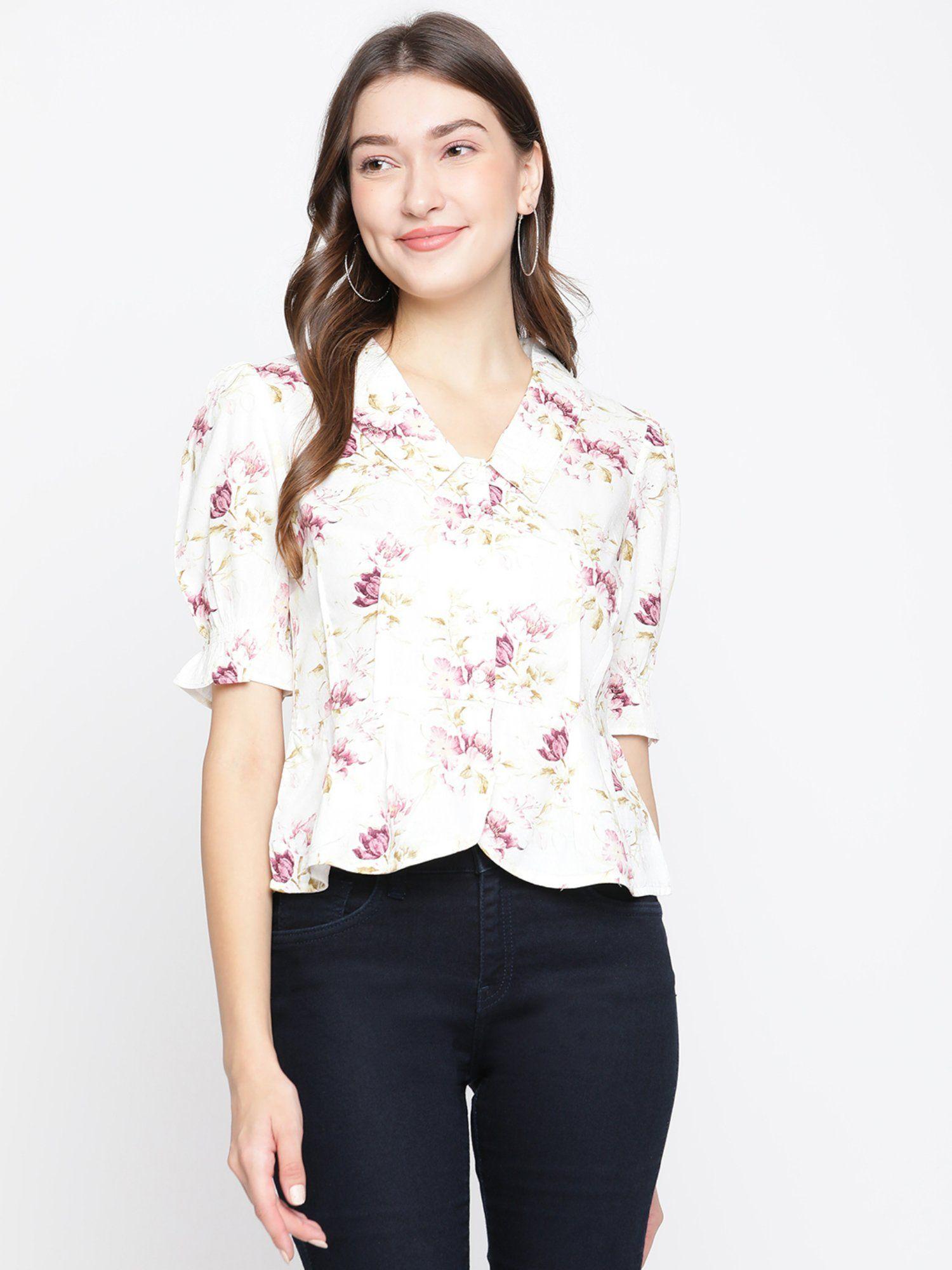 women ivory floral puff sleeve blouse