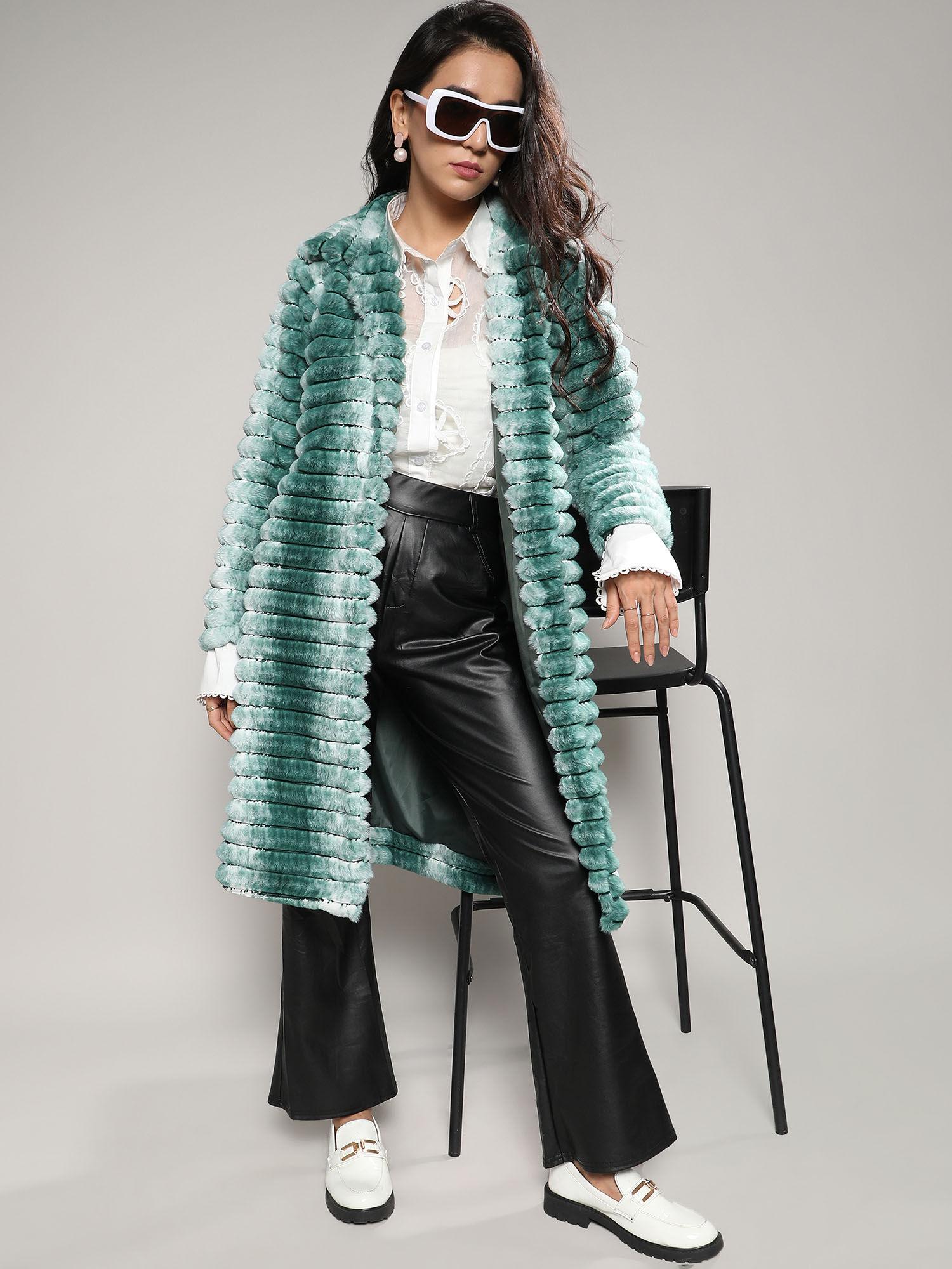 women ivory white & forest green tie & dye ripple long coat