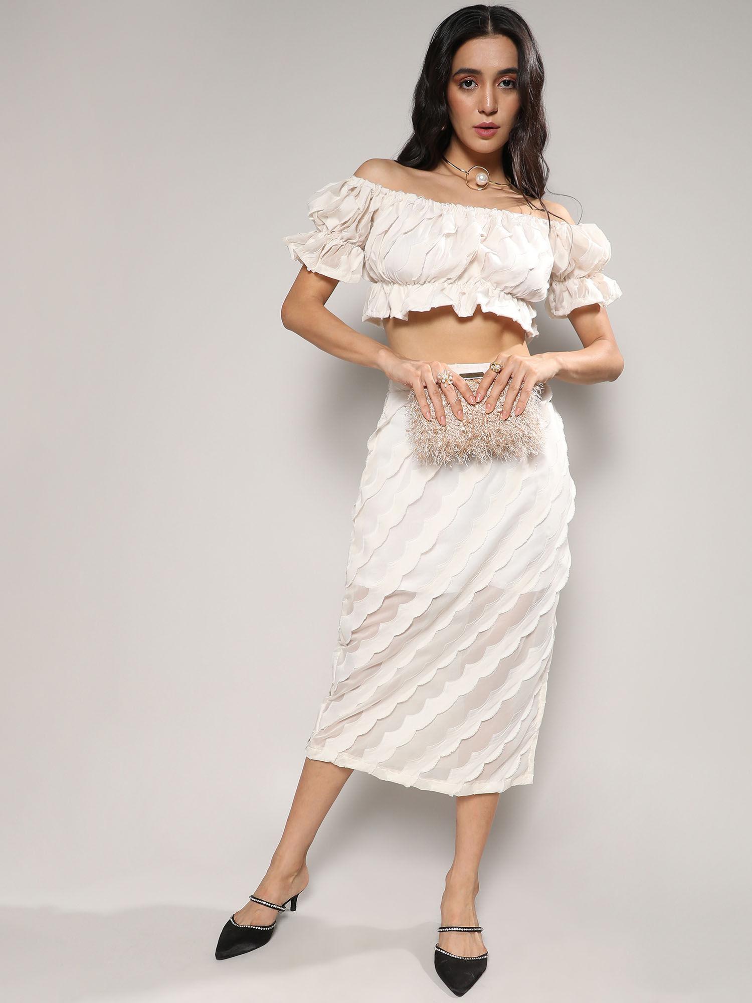 women ivory white self-design cropped top and skirt co-ord set (set of 2)