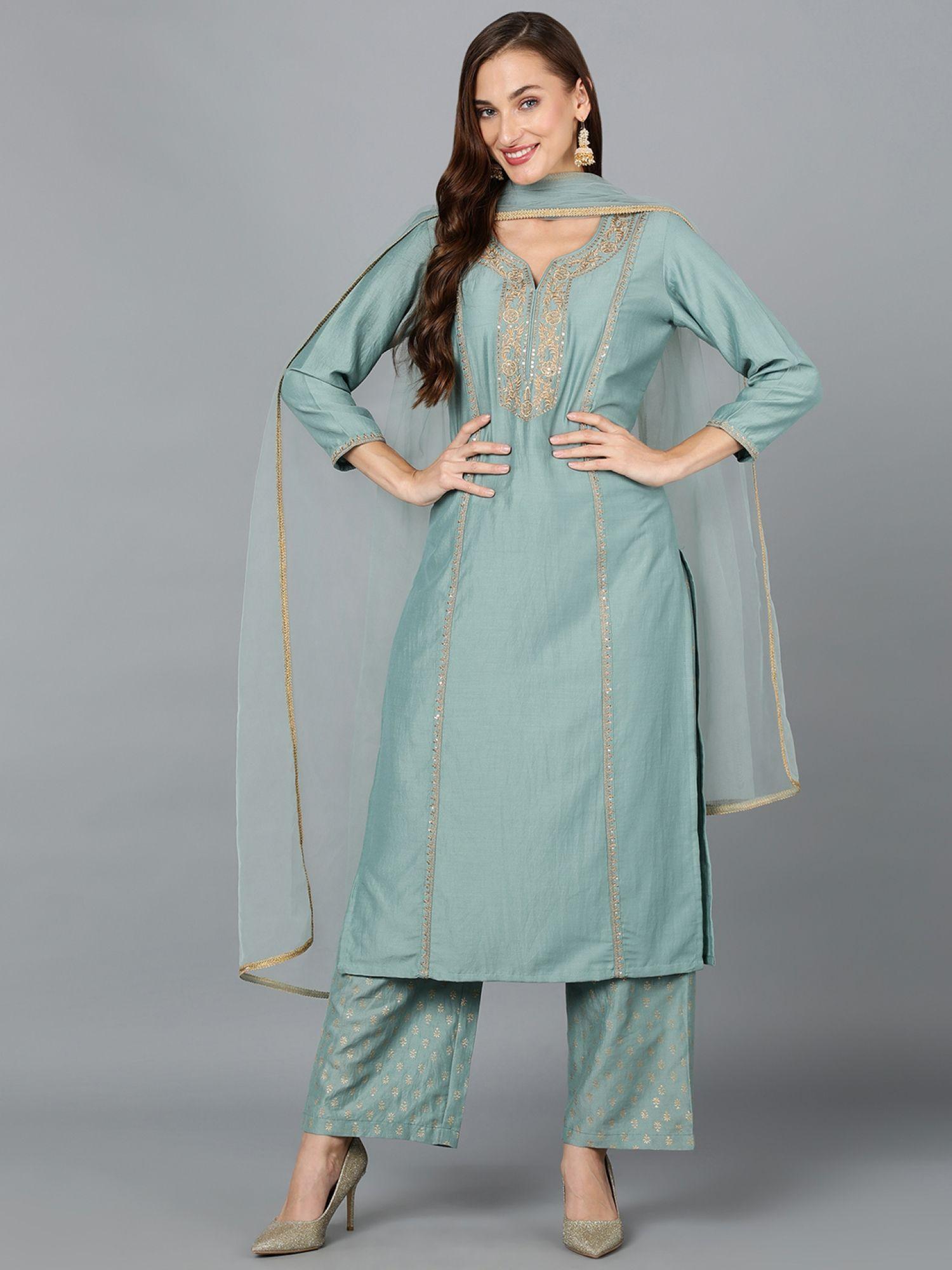 women jade green silk blend embroidered festive kurta (set of 3)