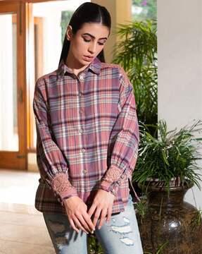 women jaipur plaid shirt with lace embellishment