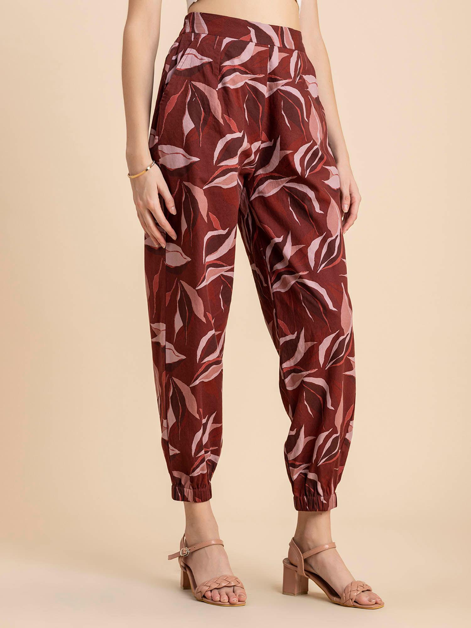 women jogger fit poplin floral brown pant