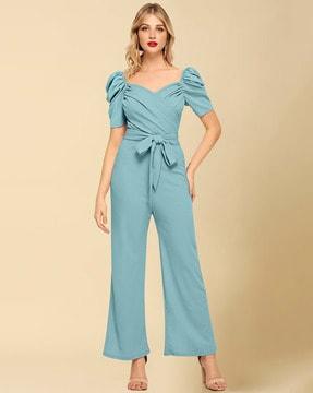 women jumpsuit with belt & puffed sleeves