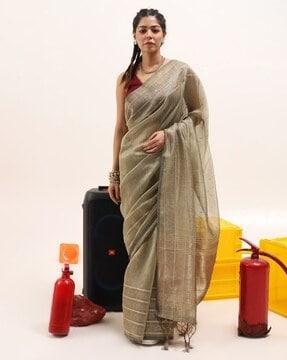 women jute silk saree with tassels