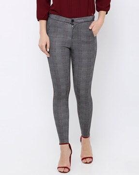 women k4005 checked high-rise skinny fit flat-front treggings