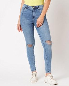 women k504 mid-wash skinny fit distressed jeans