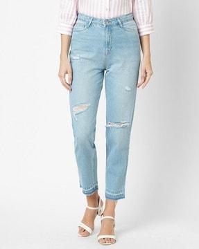 women k5085 mid-wash distressed mom fit jeans