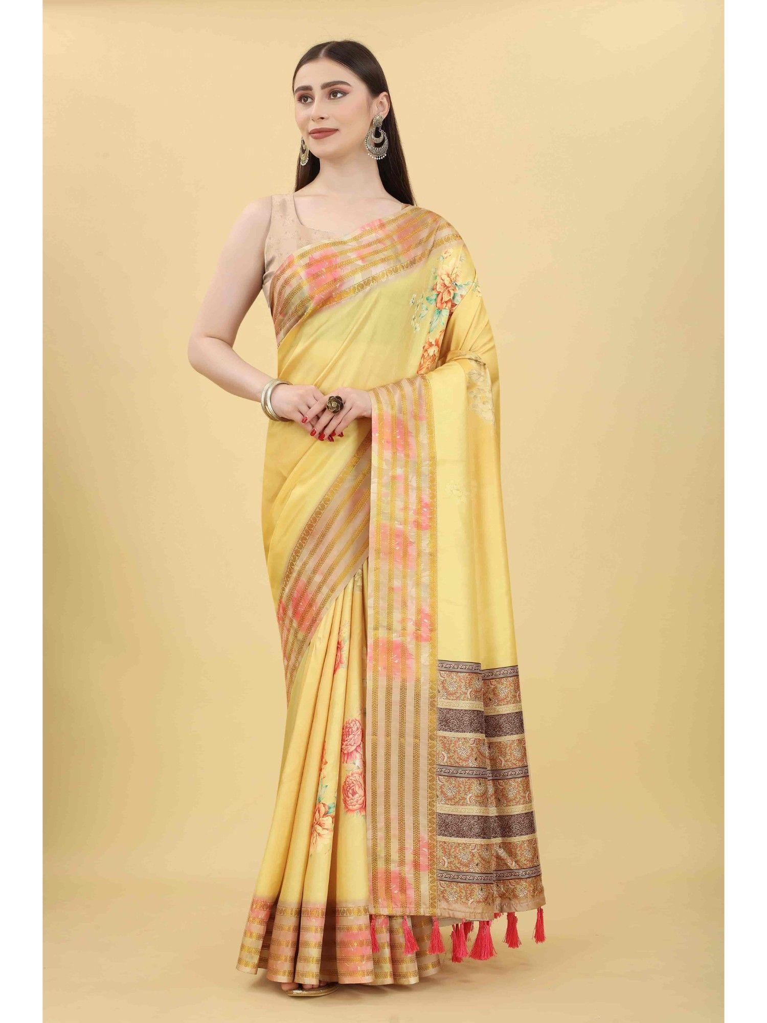 women kalamkari digital print with woven soft silk saree-mustard with unstitched blouse