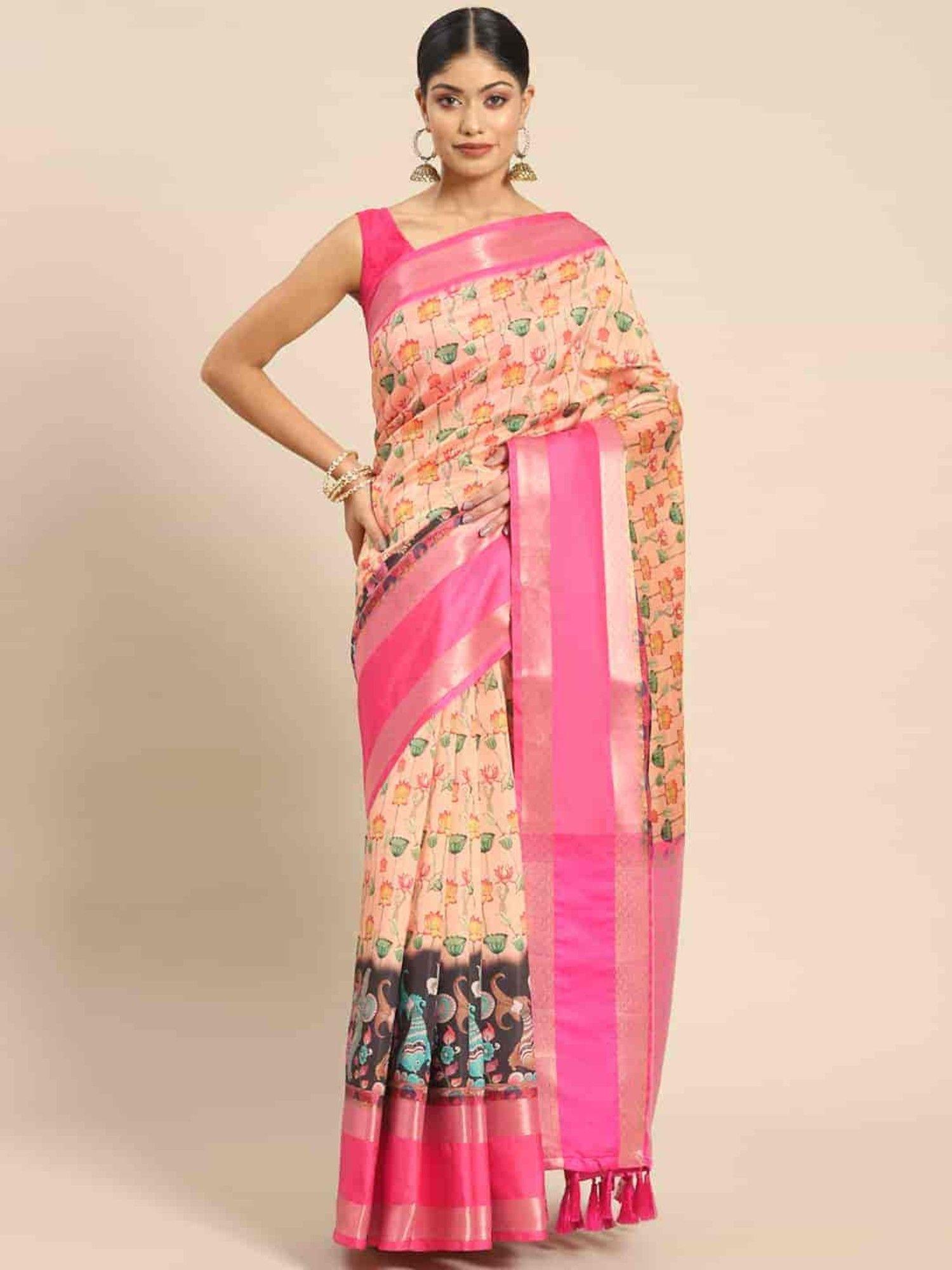 women kalamkari digital print with woven soft silk saree-peach with unstitched blouse