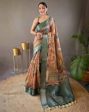 women kalamkari print saree with contrast border