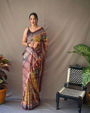 women kalamkari print saree with tassels