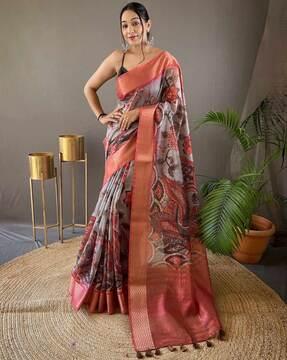 women kalamkari print tissue silk saree with tassels