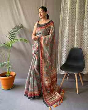 women kalamkari print tissue silk saree with tassels