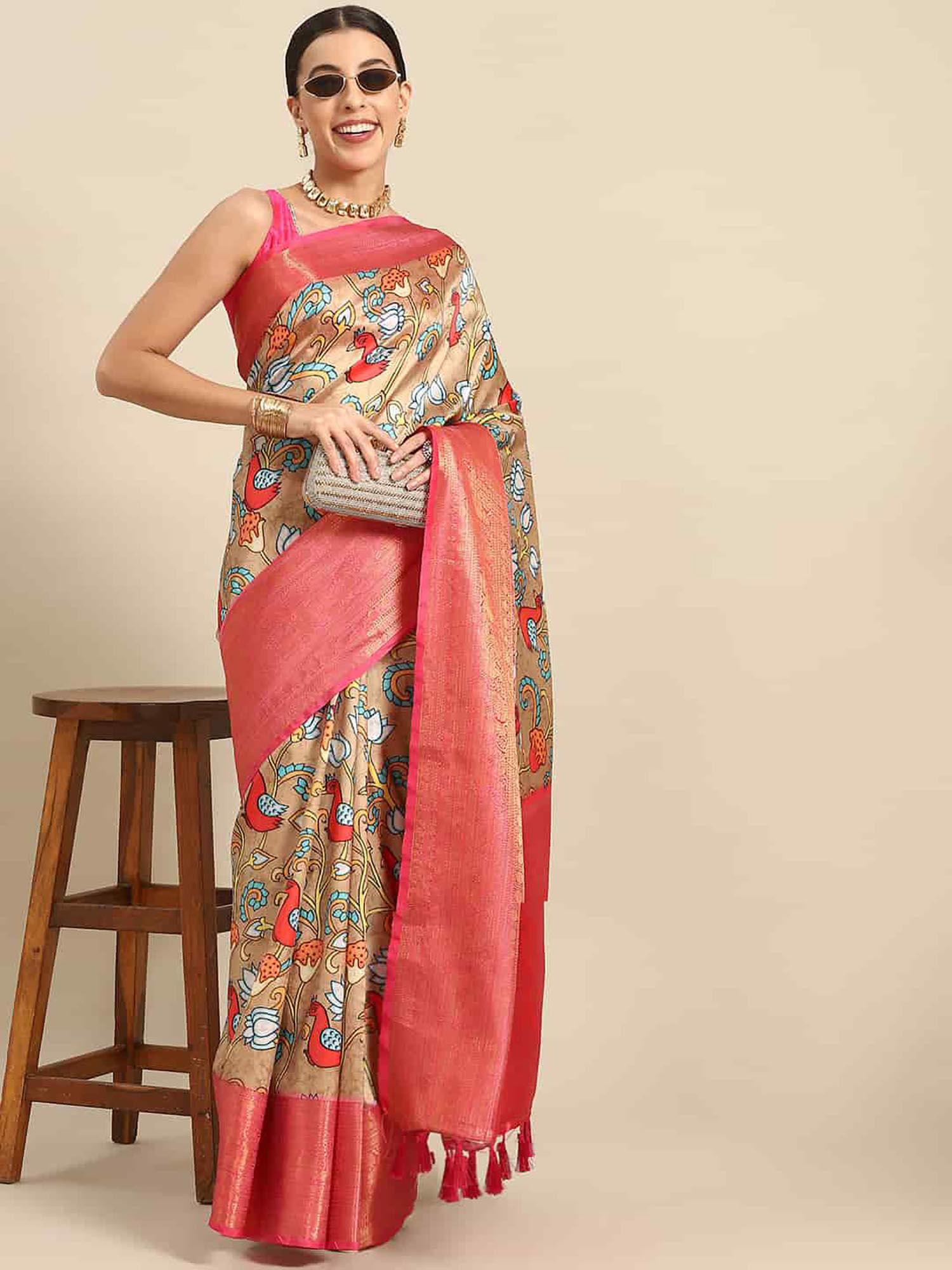 women kalamkari printed soft silk saree with unstitched blouse - beige