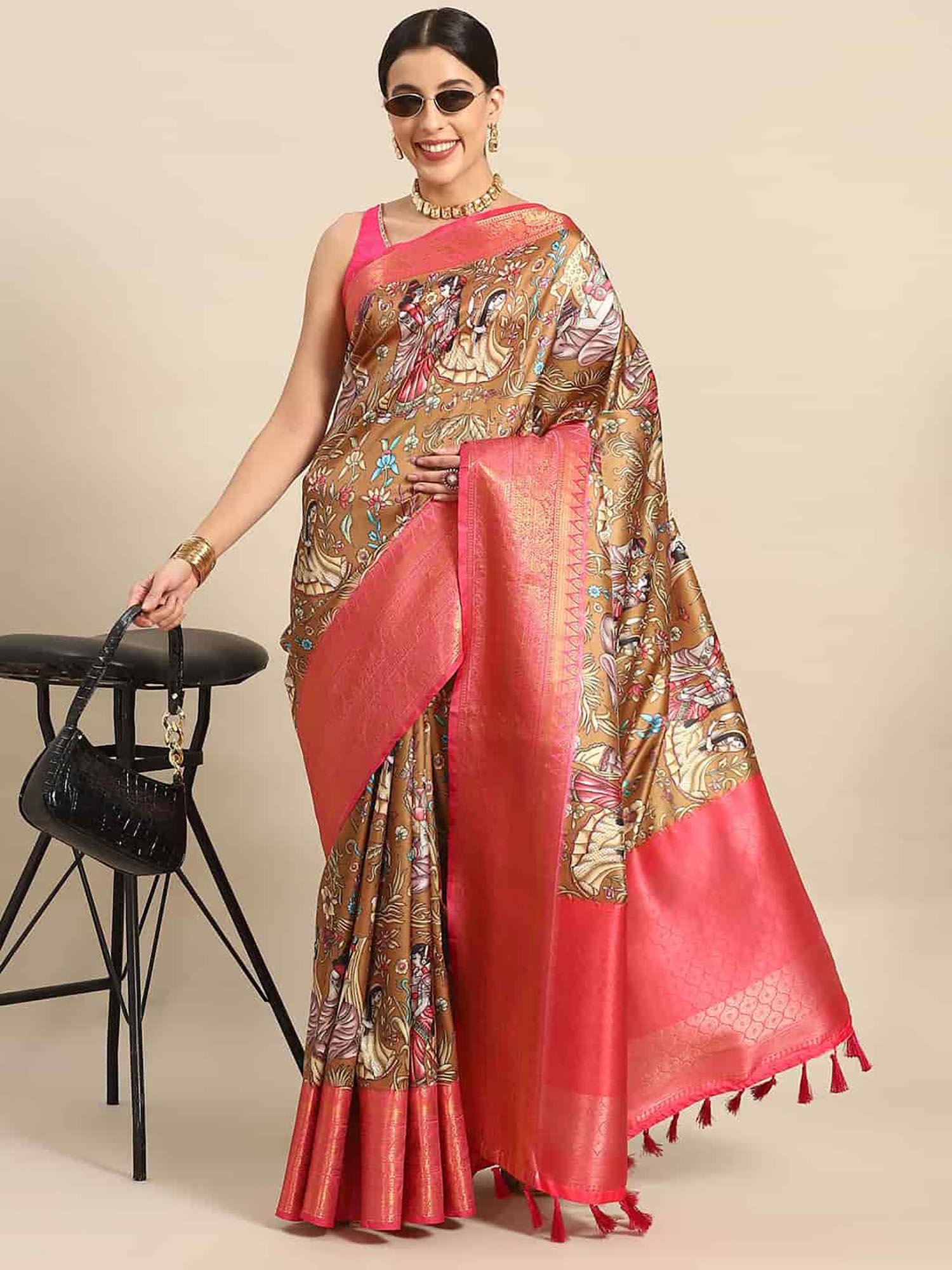 women kalamkari printed soft silk saree with unstitched blouse - brown