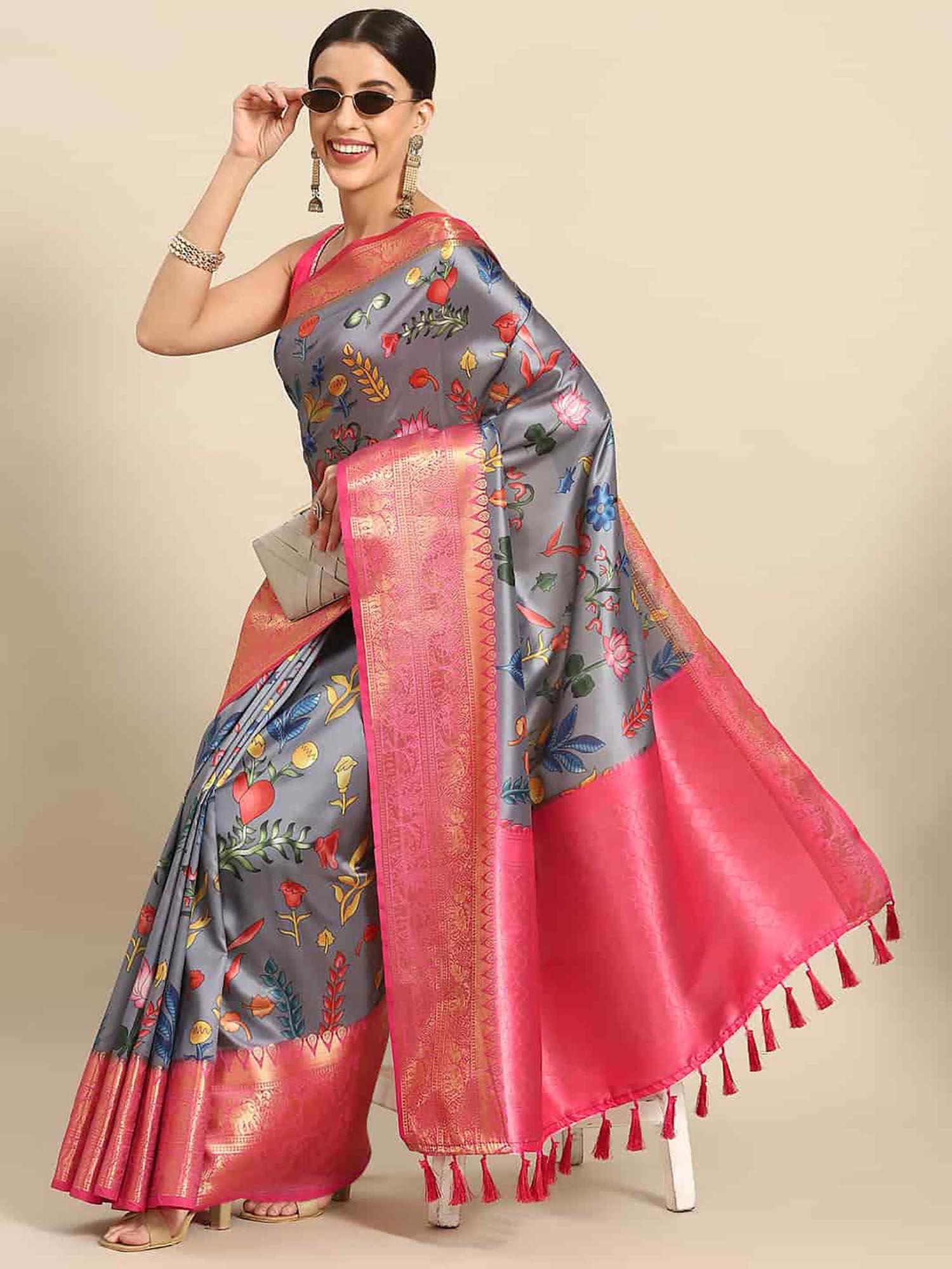 women kalamkari printed soft silk saree with unstitched blouse - grey