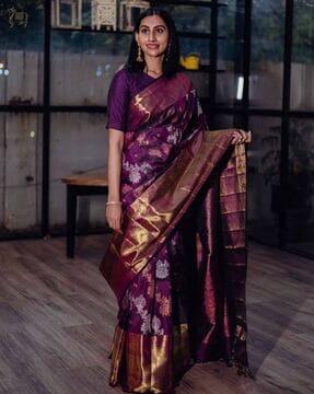 women kanjivaram silk saree with contrast border