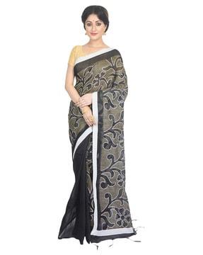 women kantha floral print cotton saree with tassels