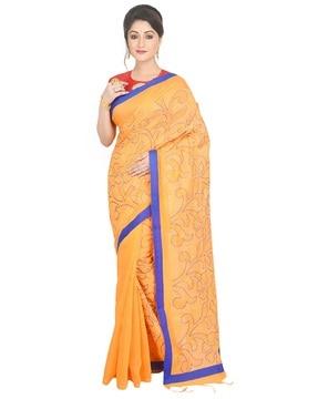 women kantha floral print cotton saree with tassels