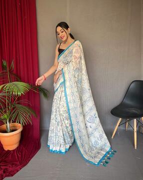women katha print saree with tassels