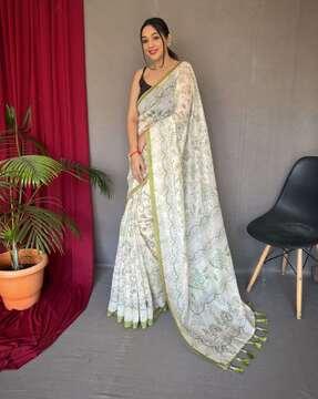 women katha print saree with tassels