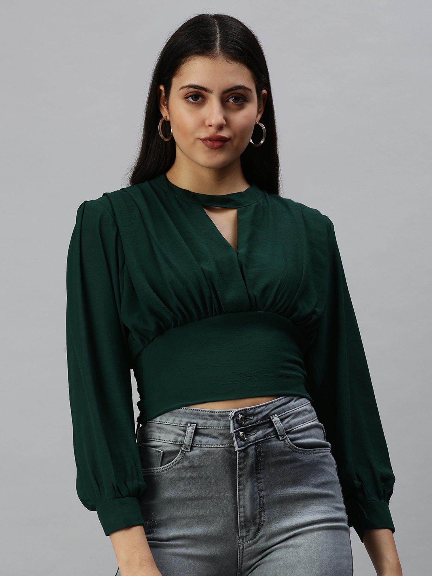 women keyhole neck balloon sleeve solid green crop top