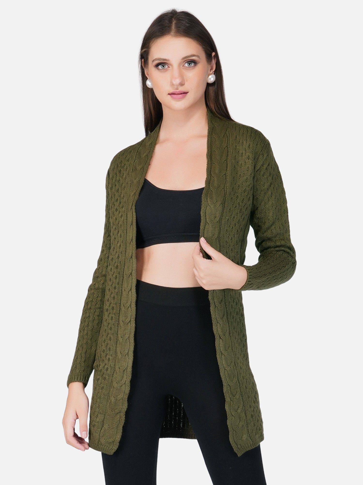 women khaki colour chunky cable knit shrug