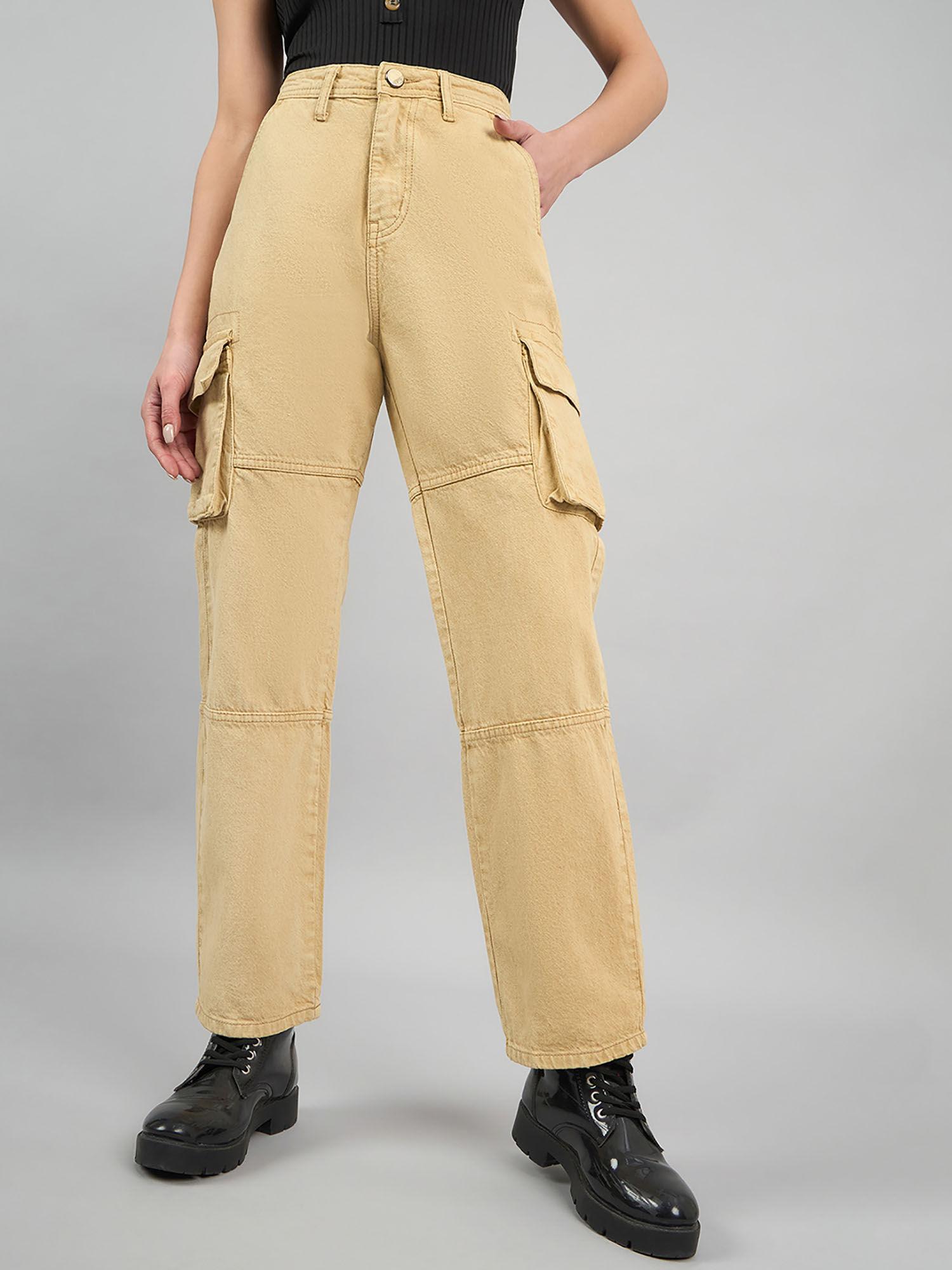 women khaki relaxed fit high rise cargos