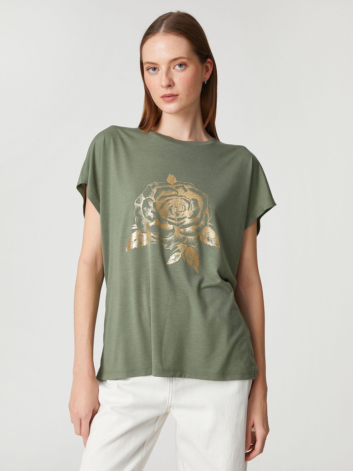 women khaki rose print comfortable t-shirt