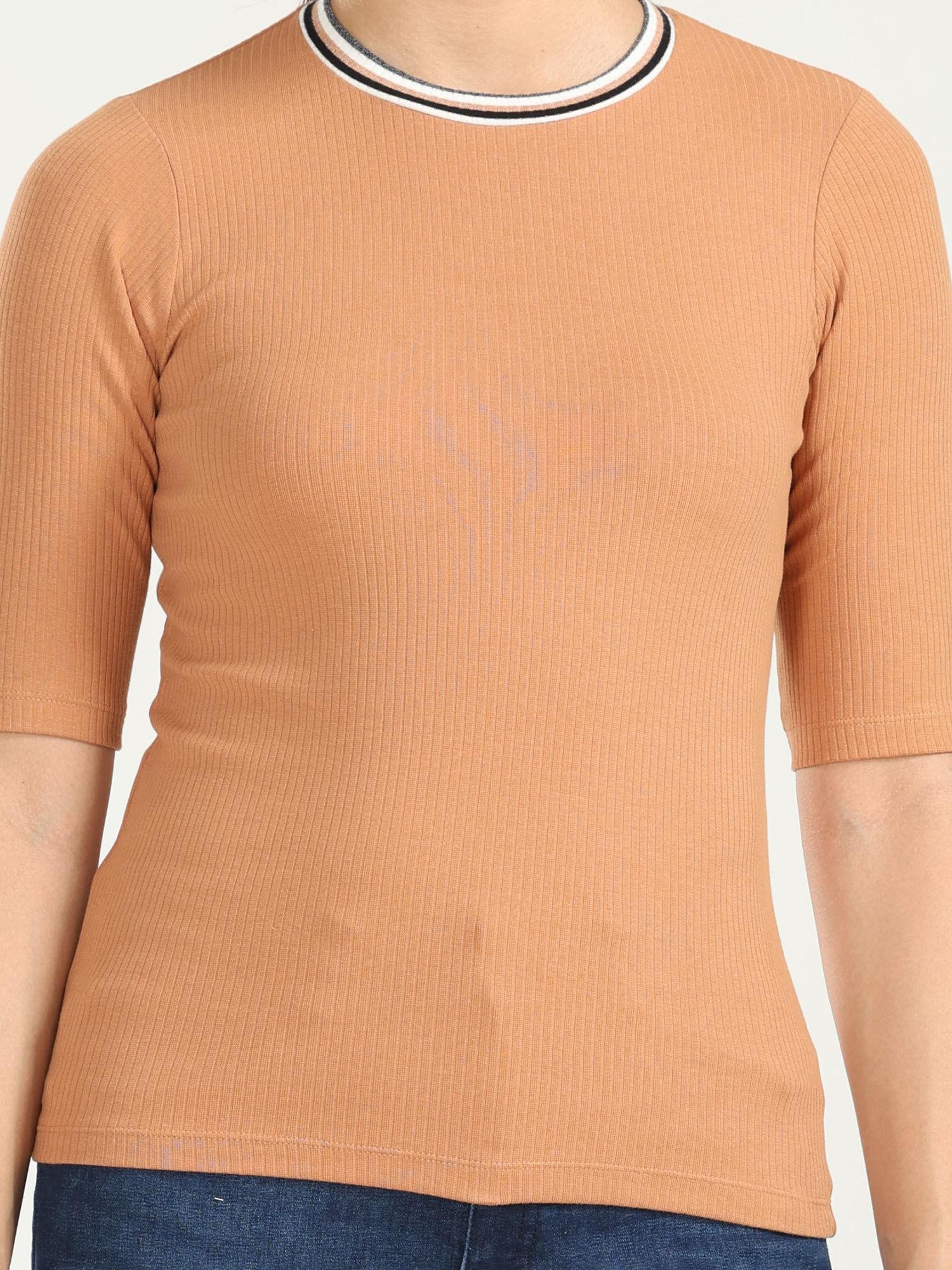 women khaki solid rib knit fitted t-shirt