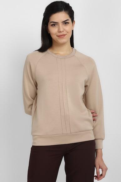 women khaki solid round neck sweatshirt