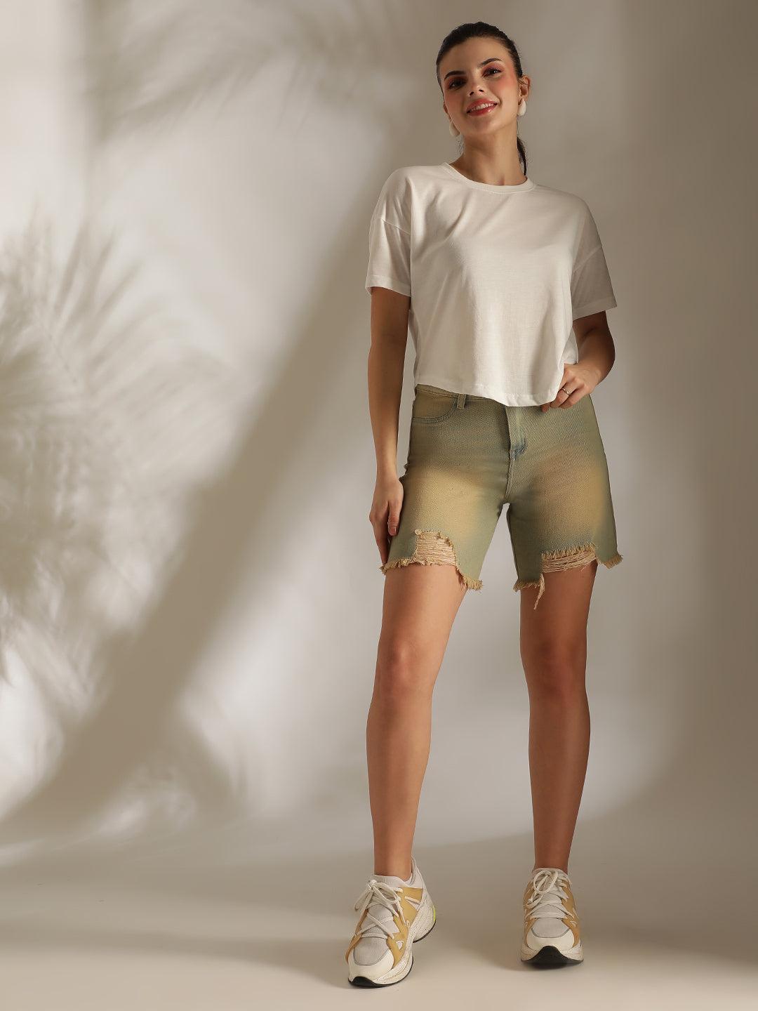 women khaki tint denim shorts