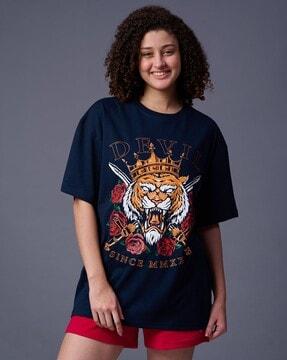 women king tiger print oversized round-neck t-shirt