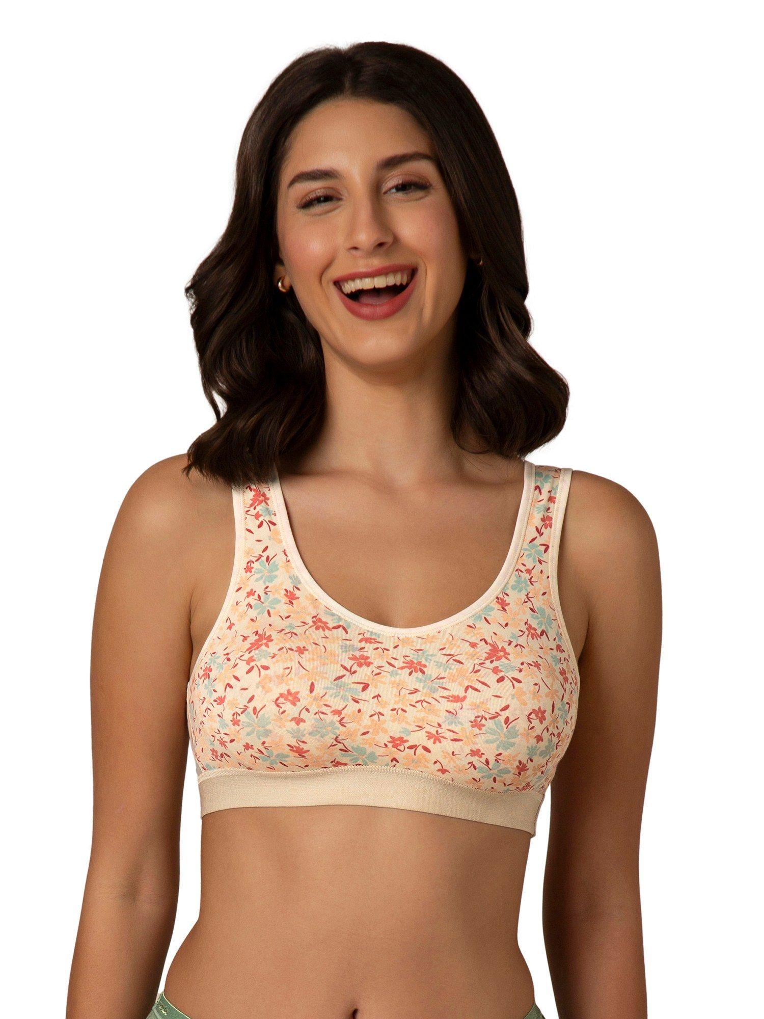 women knit cotton floral beige non-padded t-shirt bra