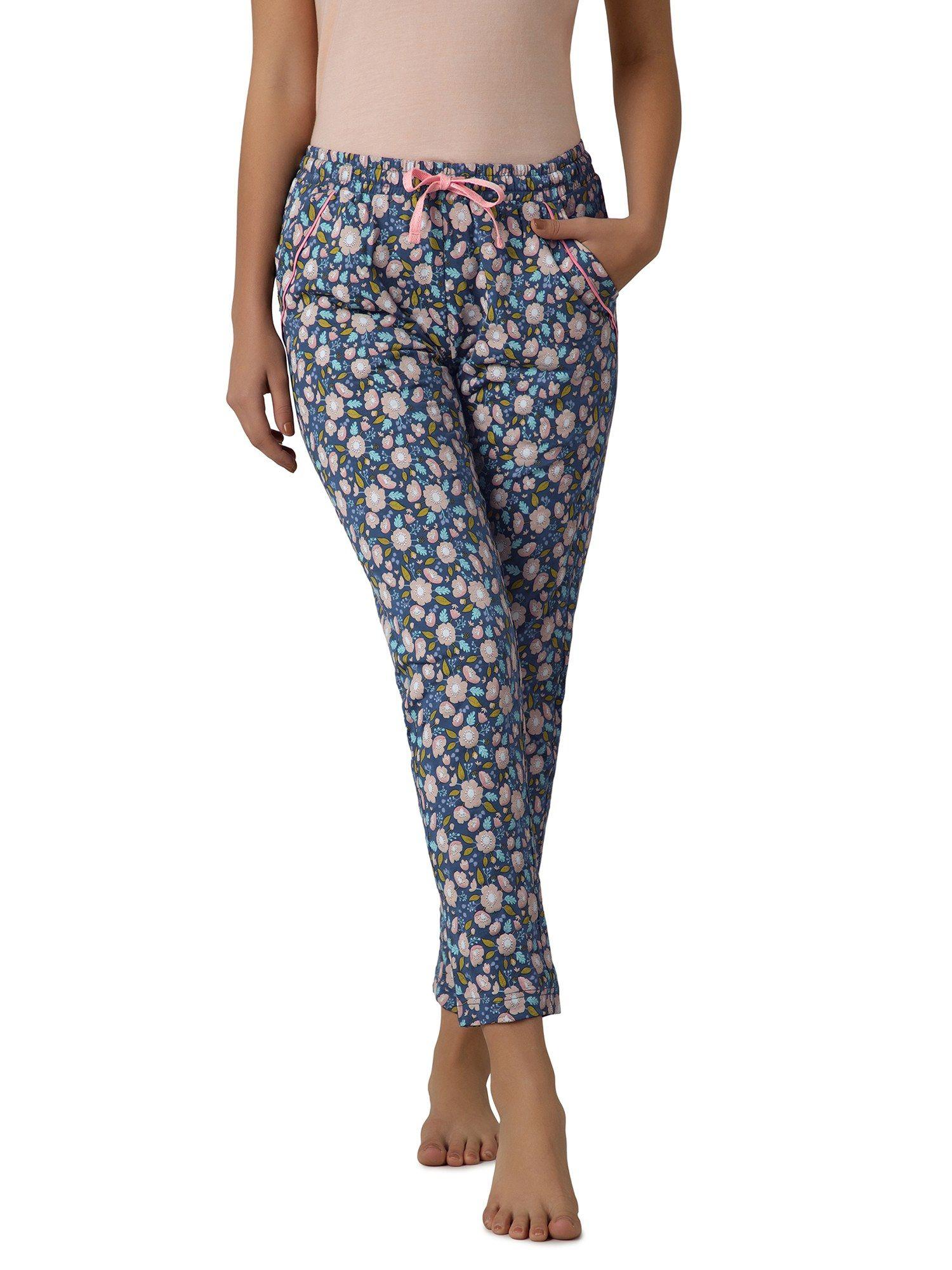 women knit cotton floral blue pyjama