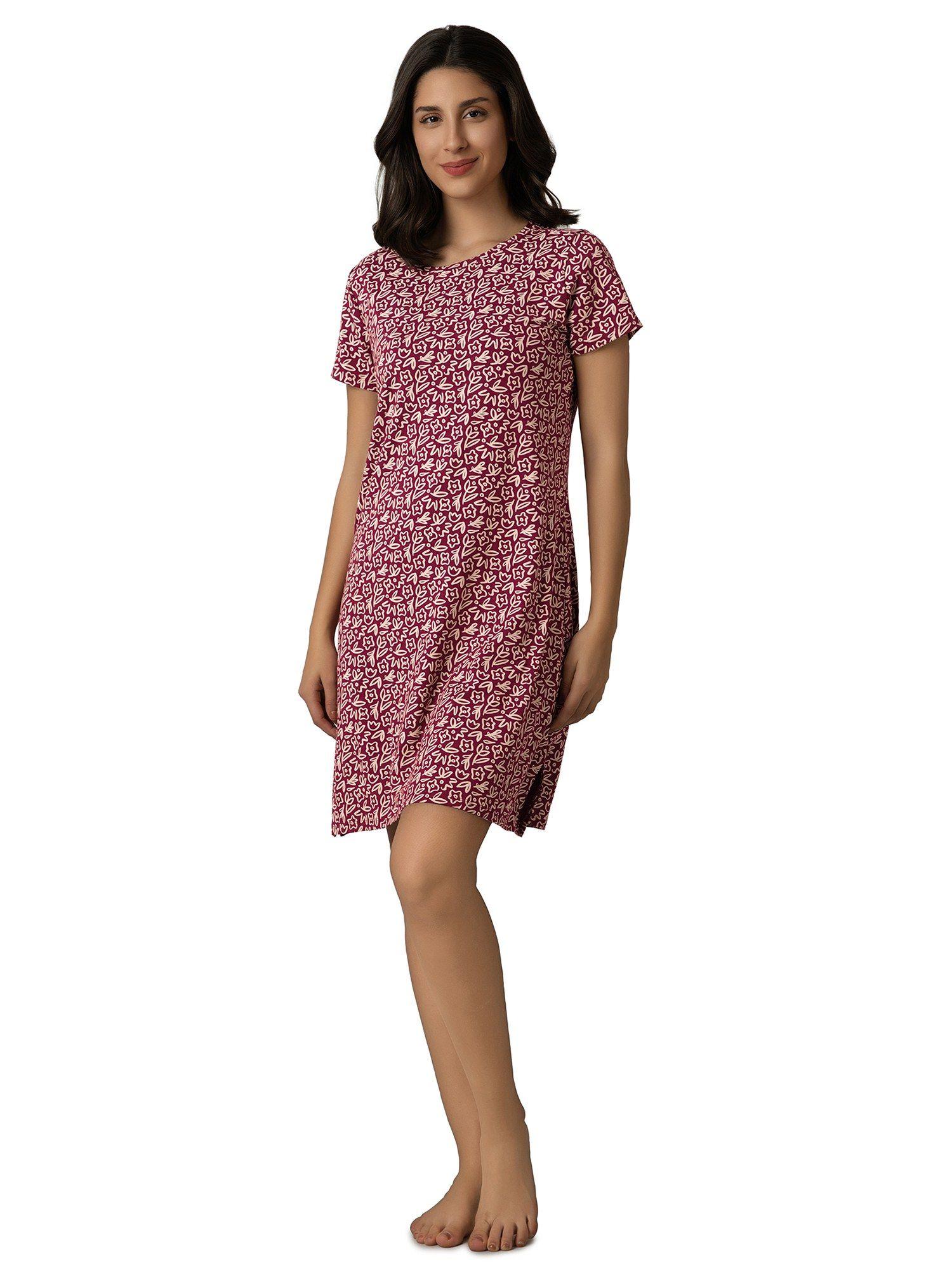 women knit cotton floral maroon night dress