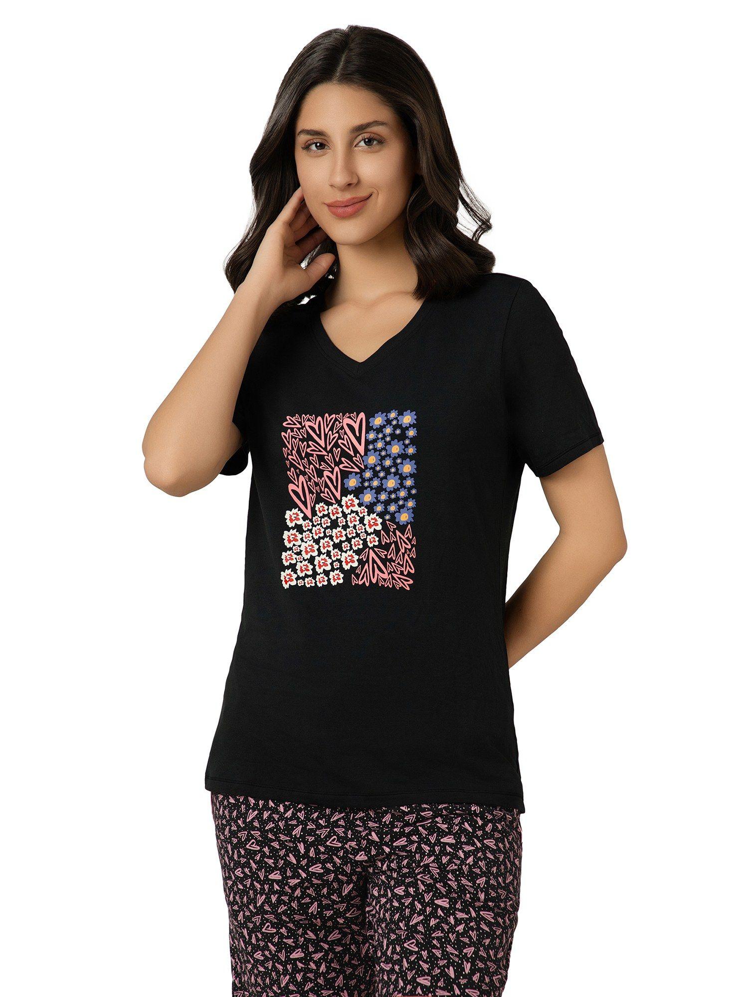 women knit cotton printed black t-shirt